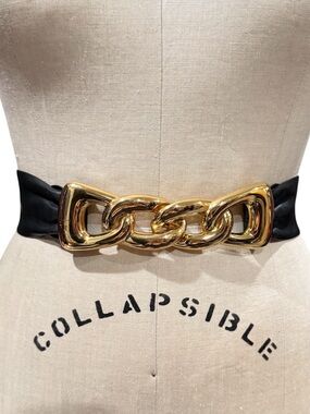 Jennifer Moore Genuine Leather Gold Chain Link Waist Belt Black Size S Vintage